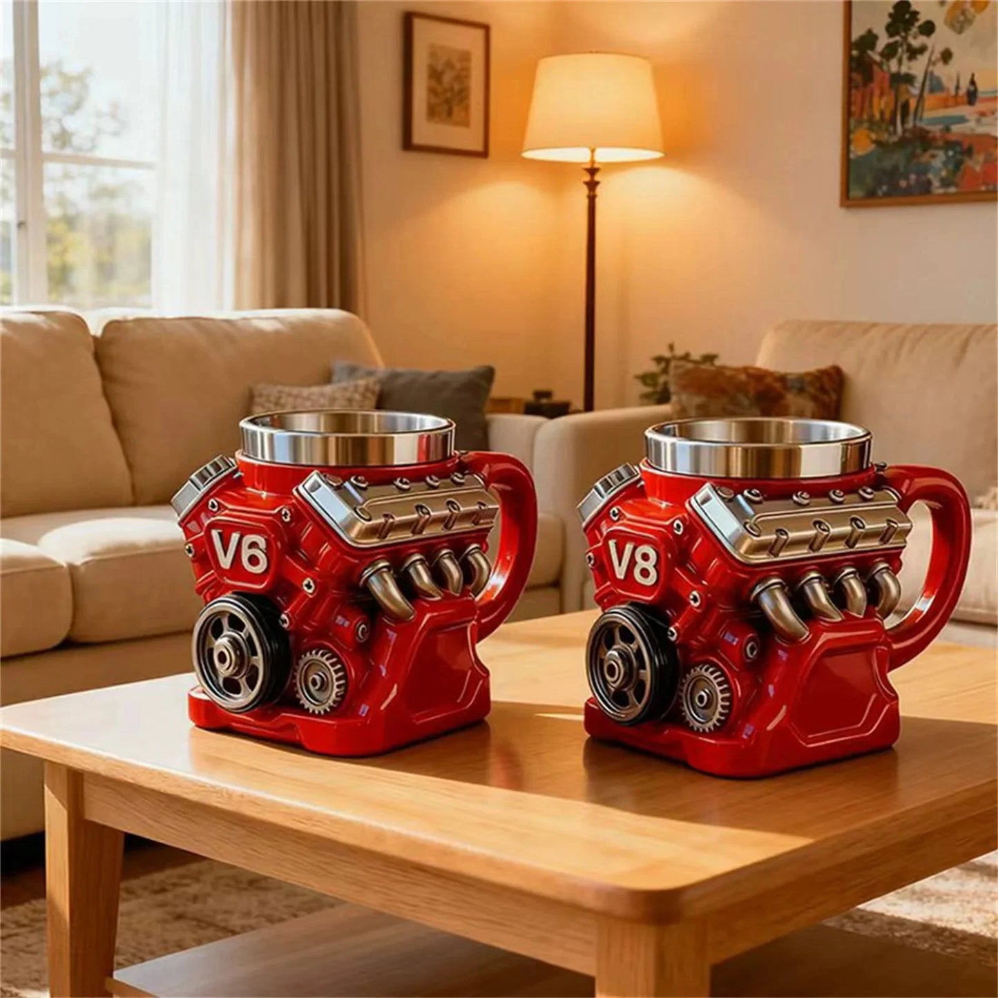 Retro V8 Engine Coffee Mug Ceramic Cup Stainless Steel Interior Gift Automotive
