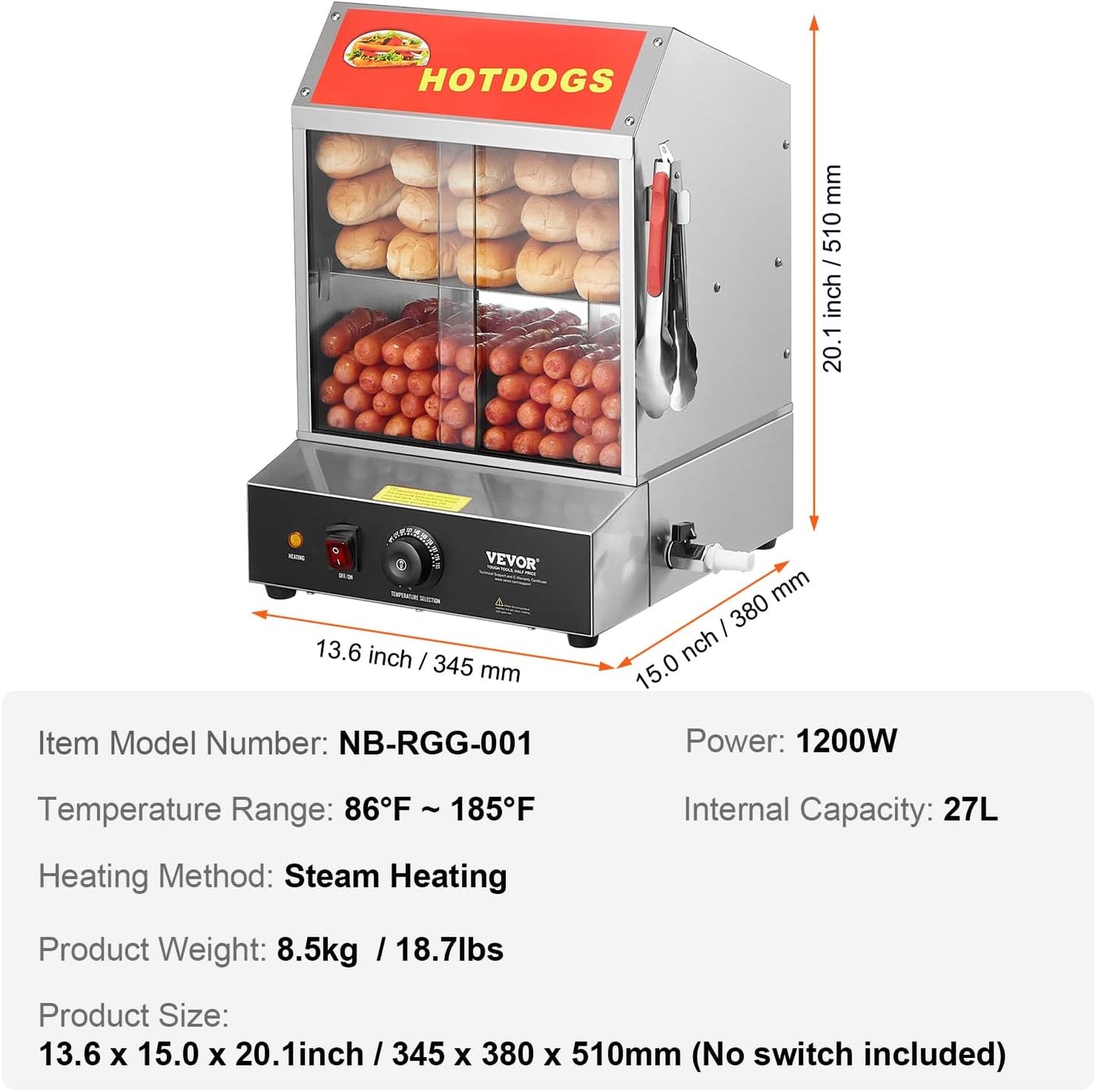 VEVOR Hot Dog Bun Steamer