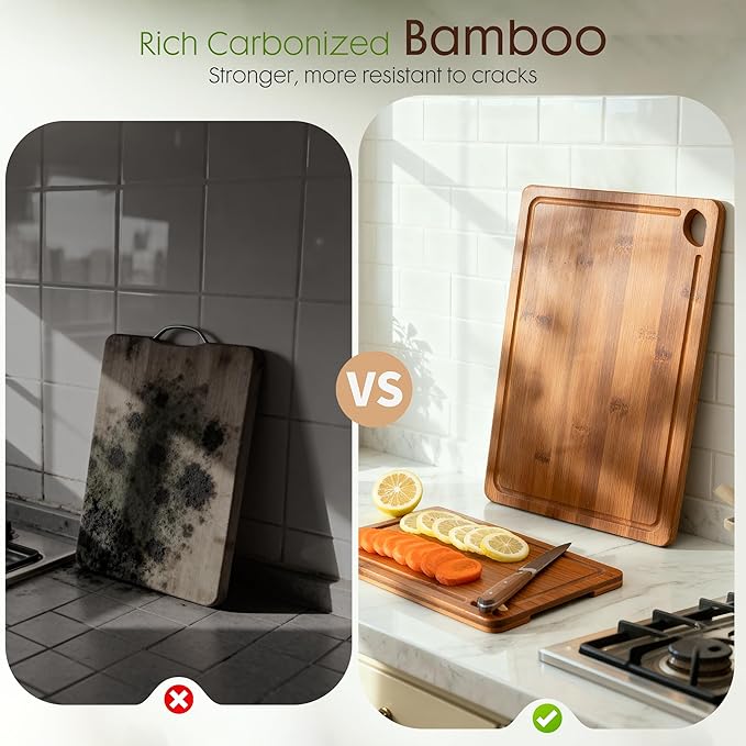 Carbonized Bamboo Cutting Boards for Kitchen with Wood Storage Stand