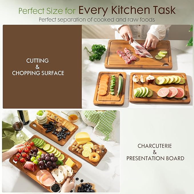 Carbonized Bamboo Cutting Boards for Kitchen with Wood Storage Stand