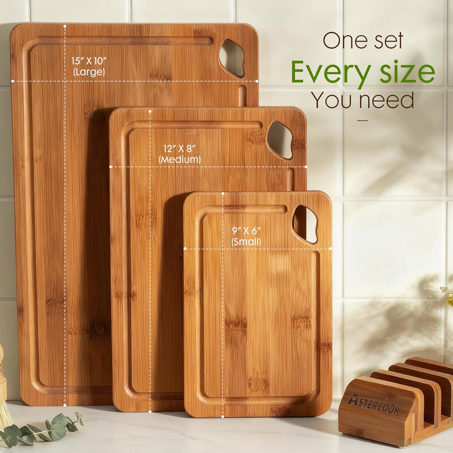 Carbonized Bamboo Cutting Boards for Kitchen with Wood Storage Stand