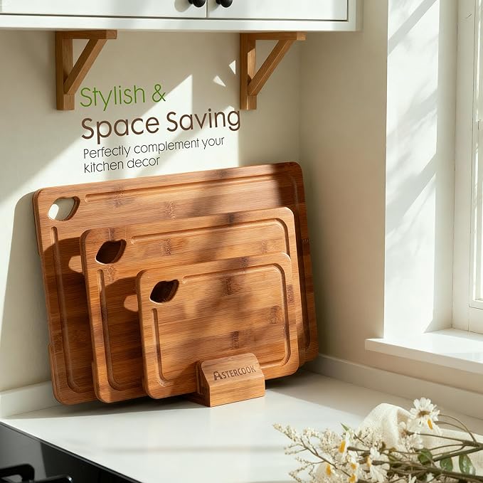 Carbonized Bamboo Cutting Boards for Kitchen with Wood Storage Stand
