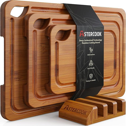 Carbonized Bamboo Cutting Boards for Kitchen with Wood Storage Stand