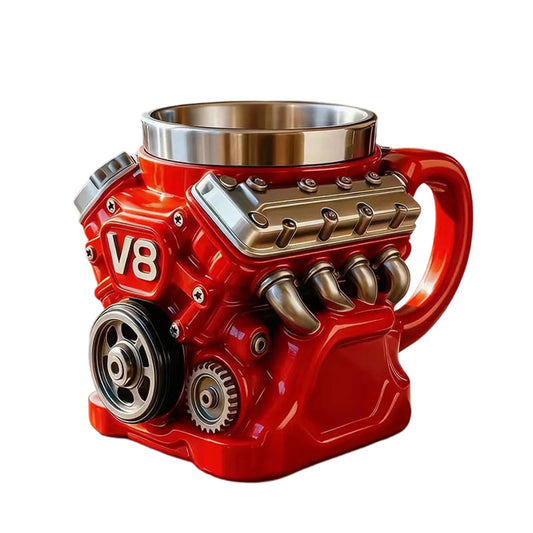 Retro V8 Engine Coffee Mug Ceramic Cup Stainless Steel Interior Gift Automotive