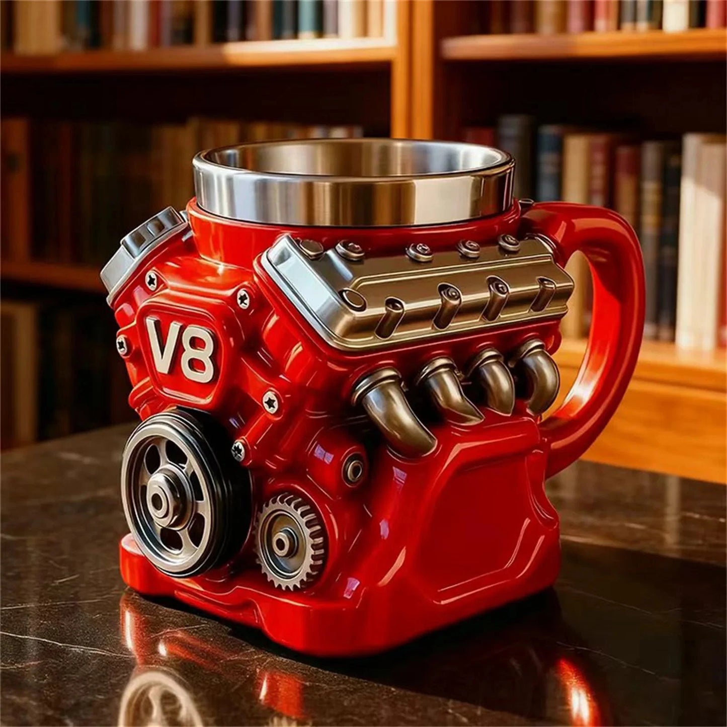 Retro V8 Engine Coffee Mug Ceramic Cup Stainless Steel Interior Gift Automotive