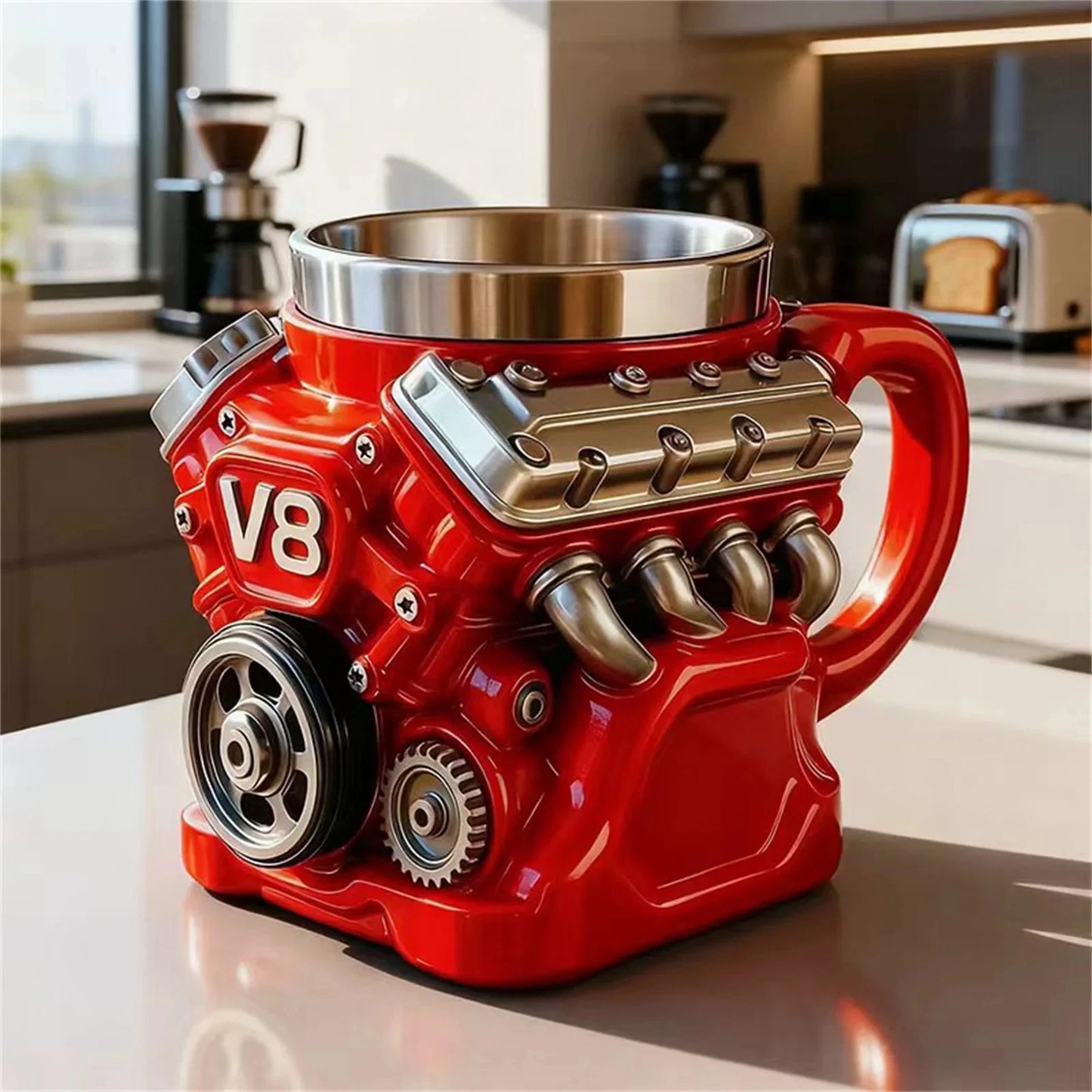 Retro V8 Engine Coffee Mug Ceramic Cup Stainless Steel Interior Gift Automotive