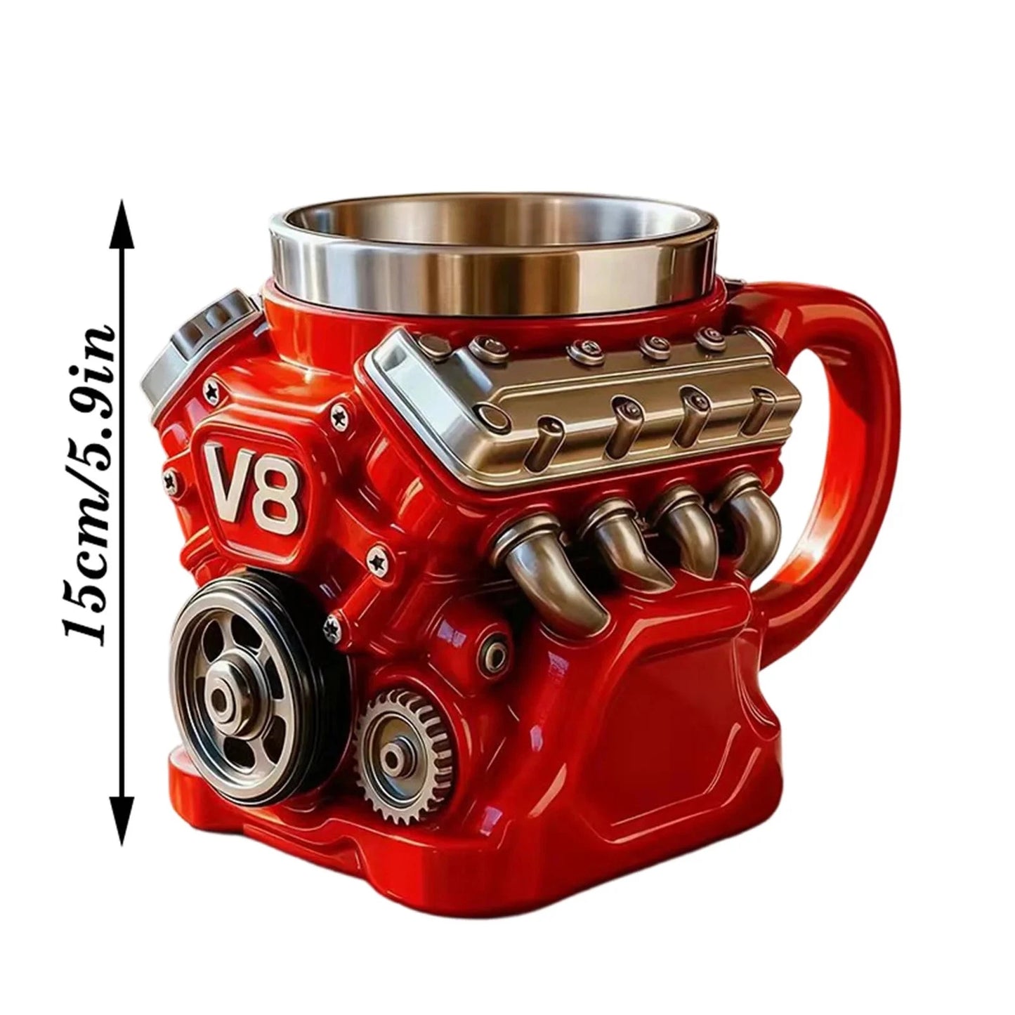 Retro V8 Engine Coffee Mug Ceramic Cup Stainless Steel Interior Gift Automotive
