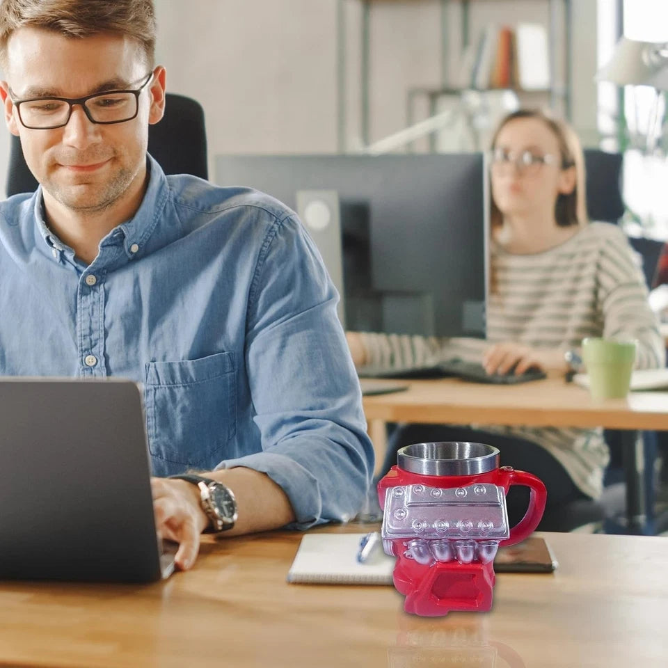 Retro V8 Engine Coffee Mug Ceramic Cup Stainless Steel Interior Gift Automotive