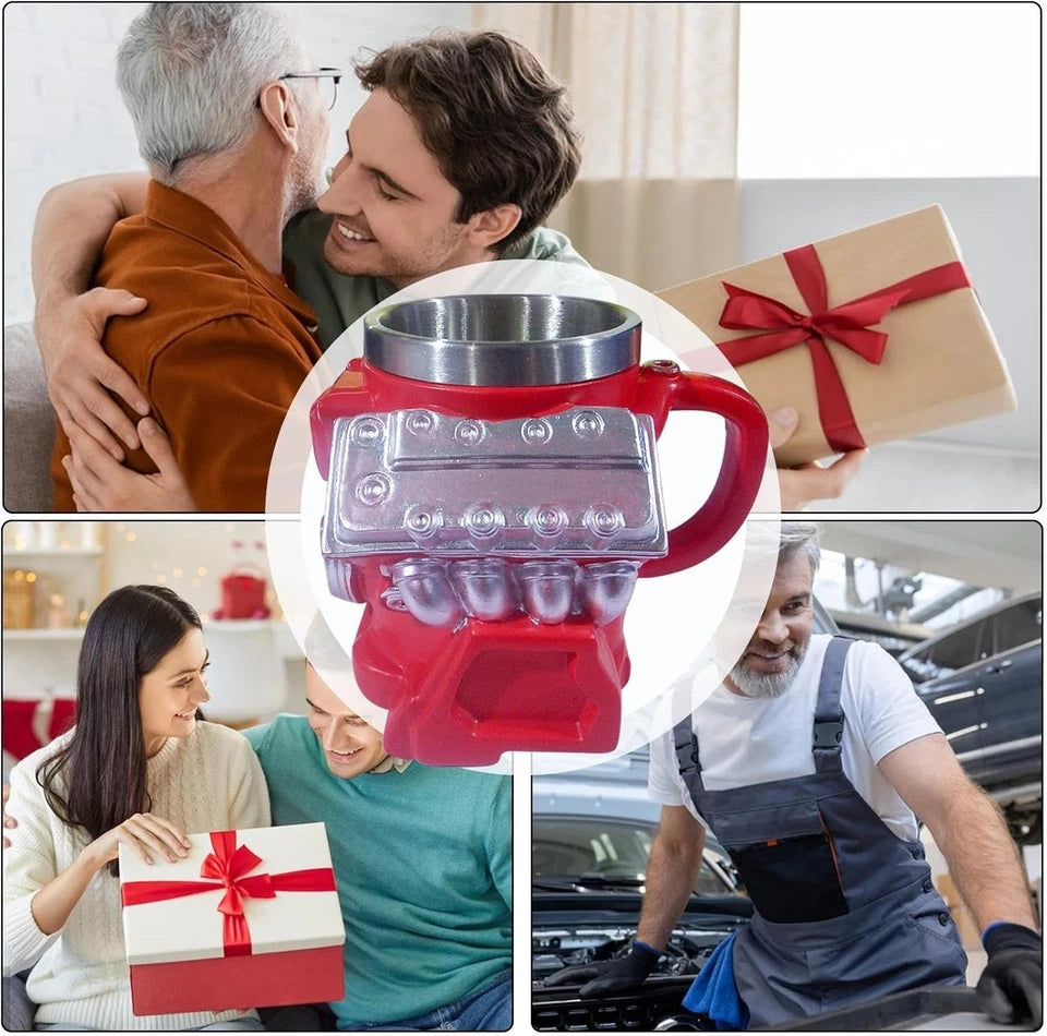 Retro V8 Engine Coffee Mug Ceramic Cup Stainless Steel Interior Gift Automotive